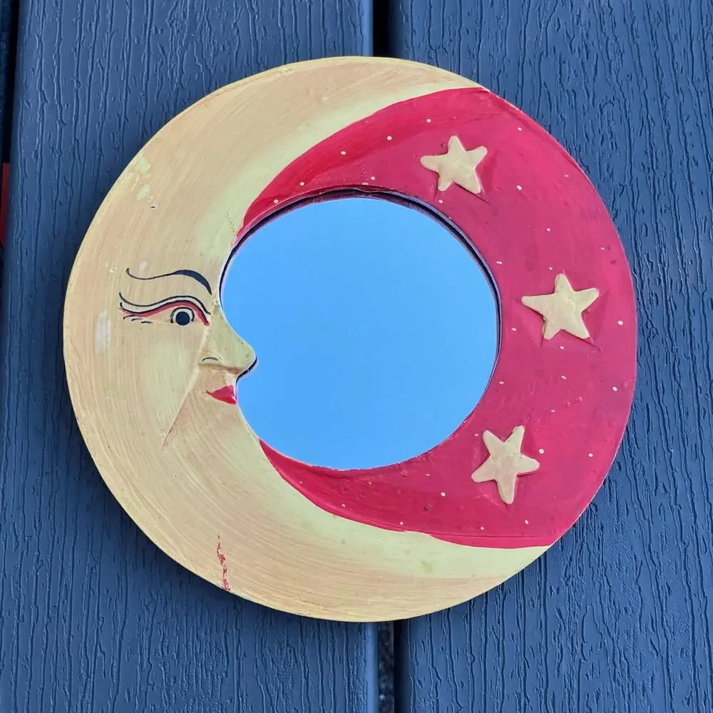 Vintage moon star celestial wooden mirror, red and yellow bohemian hippie whimsy